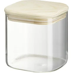Outlet Gifi Bocal carré transparent avec couvercle en bois 0,6L