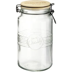 New Gifi Bocal hermétique rond transparent avec couvercle en bambou H20 cm