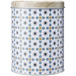 Gifi Boîte ronde en métal décor carreau de ciment avec couvercle effet bois