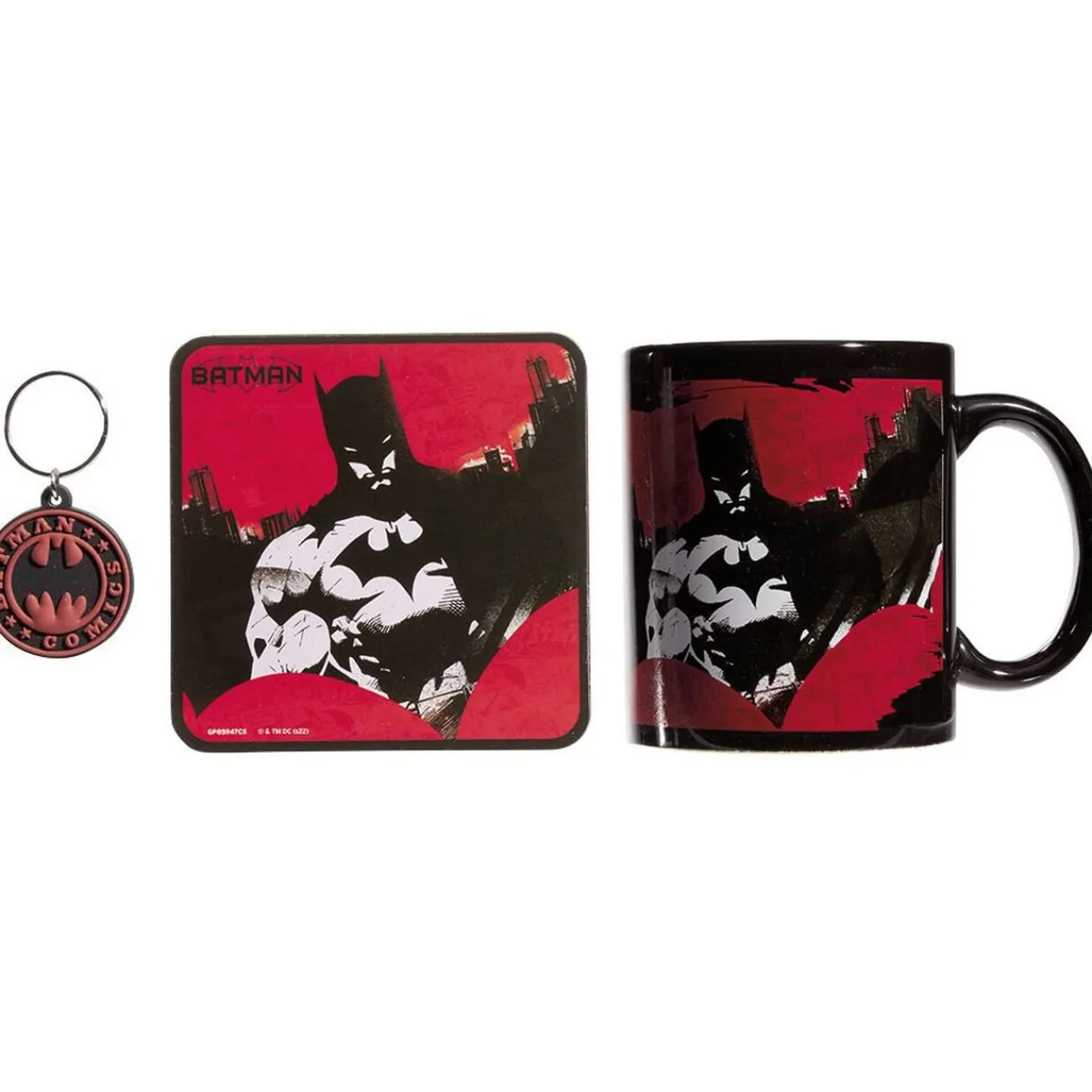 Sale Gifi Coffret cadeau Batman Comics mug sous-verre porte-clé rouge noir 3pcs