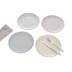 Sale Gifi Lot de 4 assiettes plates porcelaine motif trait triangle multicolore Ø24cm