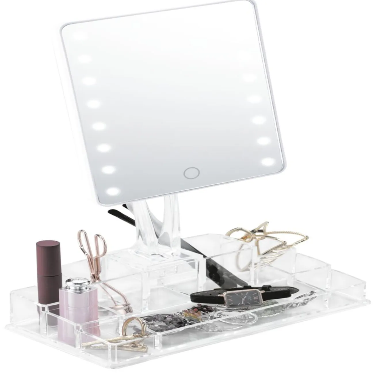 Gifi Aménagement Salle De Bain^Miroir LED avec rangement cosmétique 9 compartiments