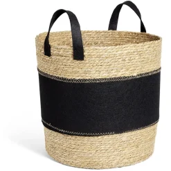 Gifi Entretien Du Linge|Panière à linge ronde 52L Ø37xH38cm jonc de mer et feutrine noir