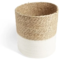 Gifi Rangement|Panière naturelle jacinthe d'eau coton beige et blanc Ø21xH21cm
