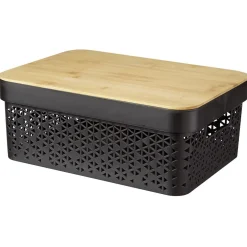 Gifi Rangement|Panière noire avec couvercle bambou naturel H12 cm