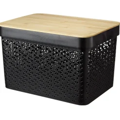 Gifi Rangement|Panière noire avec couvercle bambou naturel H21,5 cm