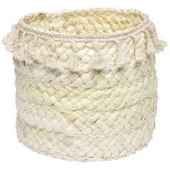 Gifi Rangement|Panière ronde en jonc naturel avec pompons rose Ø19 cm