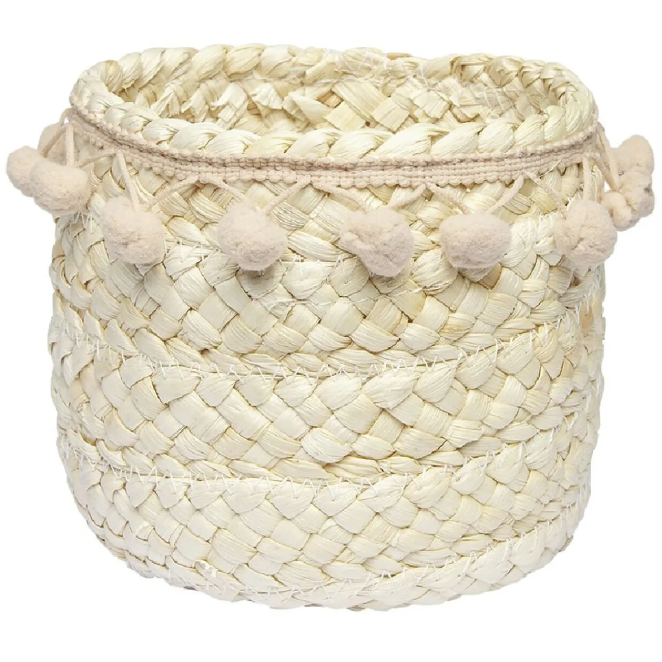 Gifi Rangement|Panière ronde en jonc naturel avec pompons rose Ø16 cm