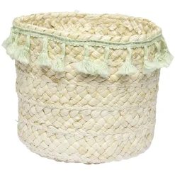 Gifi Rangement|Panière ronde en jonc naturel avec pompons vert Ø19 cm