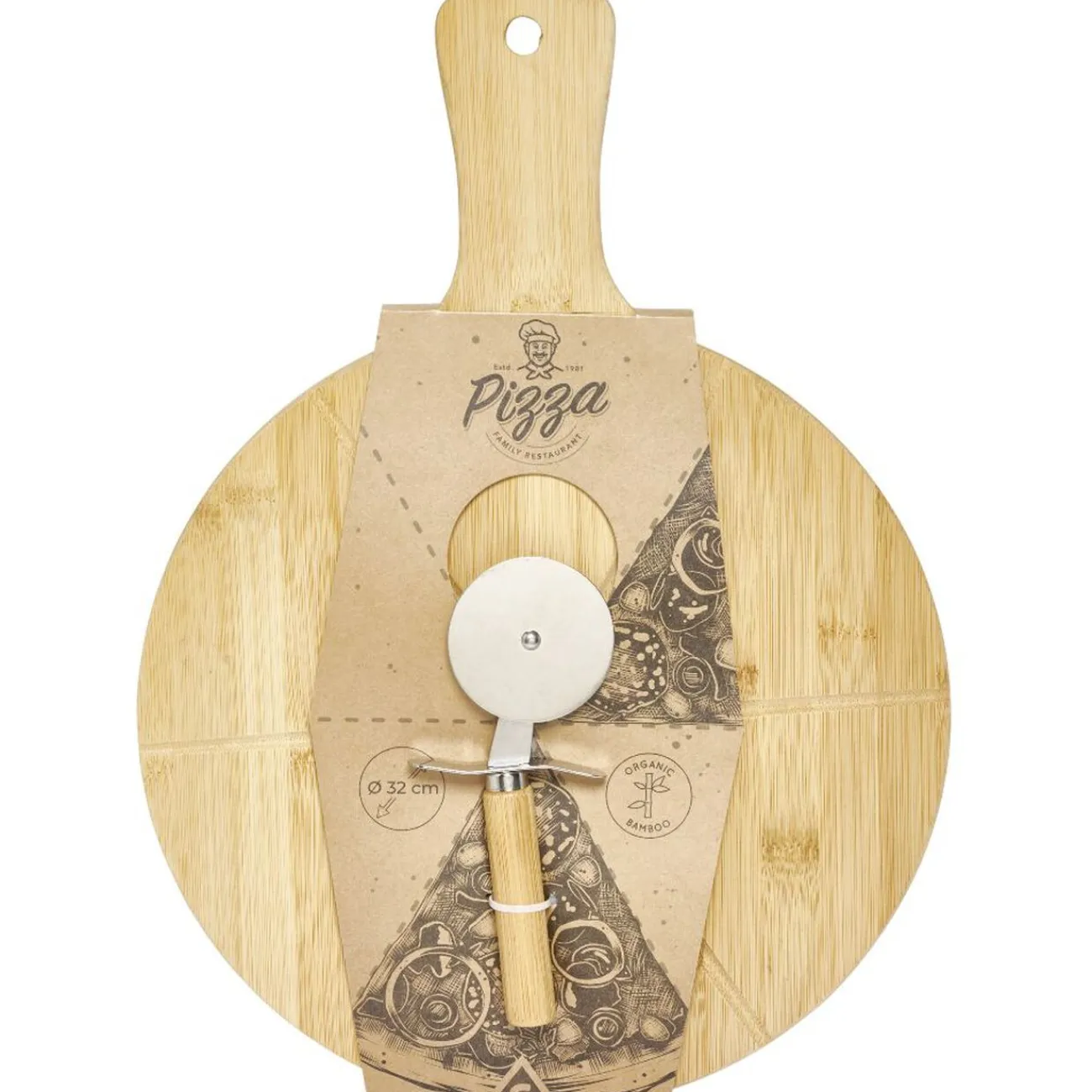 New Gifi Planche à découper 6 parts en bambou Ø32cm avec roulette à pizza