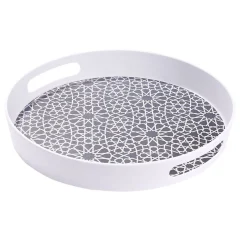 Sale Gifi Plateau rond mélaminé motif géométrique blanc et bleu Ø34,5xH5cm