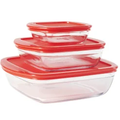 Discount Gifi Plat en verre transparent Ôcuisine avec couvercle rouge x3