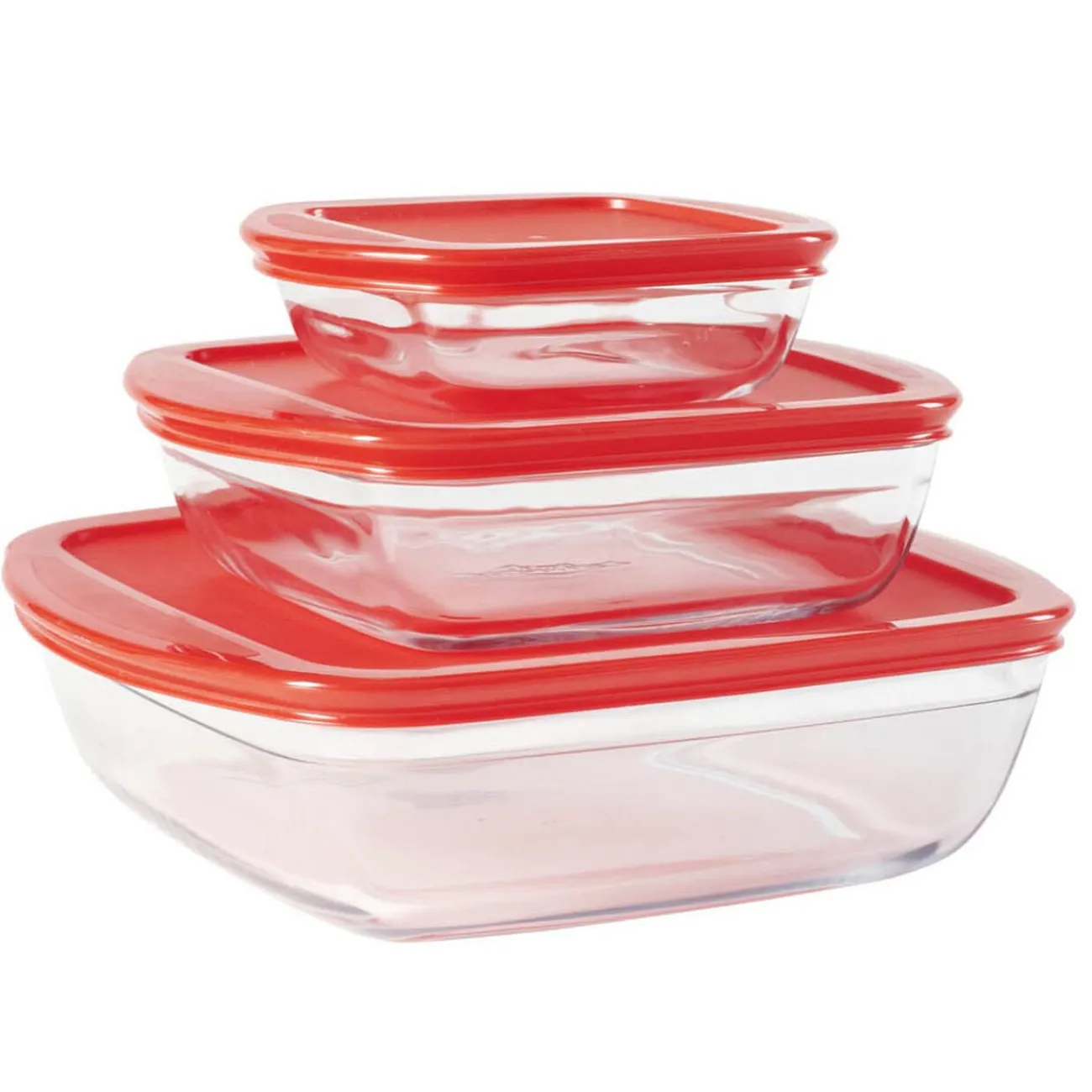 Discount Gifi Plat en verre transparent Ôcuisine avec couvercle rouge x3