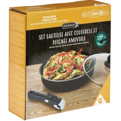 New Gifi Sauteuse aluminium noir avec couvercle verre et poignée amovible Ø24cm