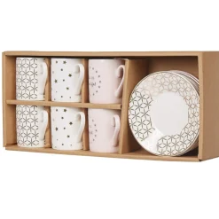 Outlet Gifi Service à café faïence blanc rose or 6 personnes