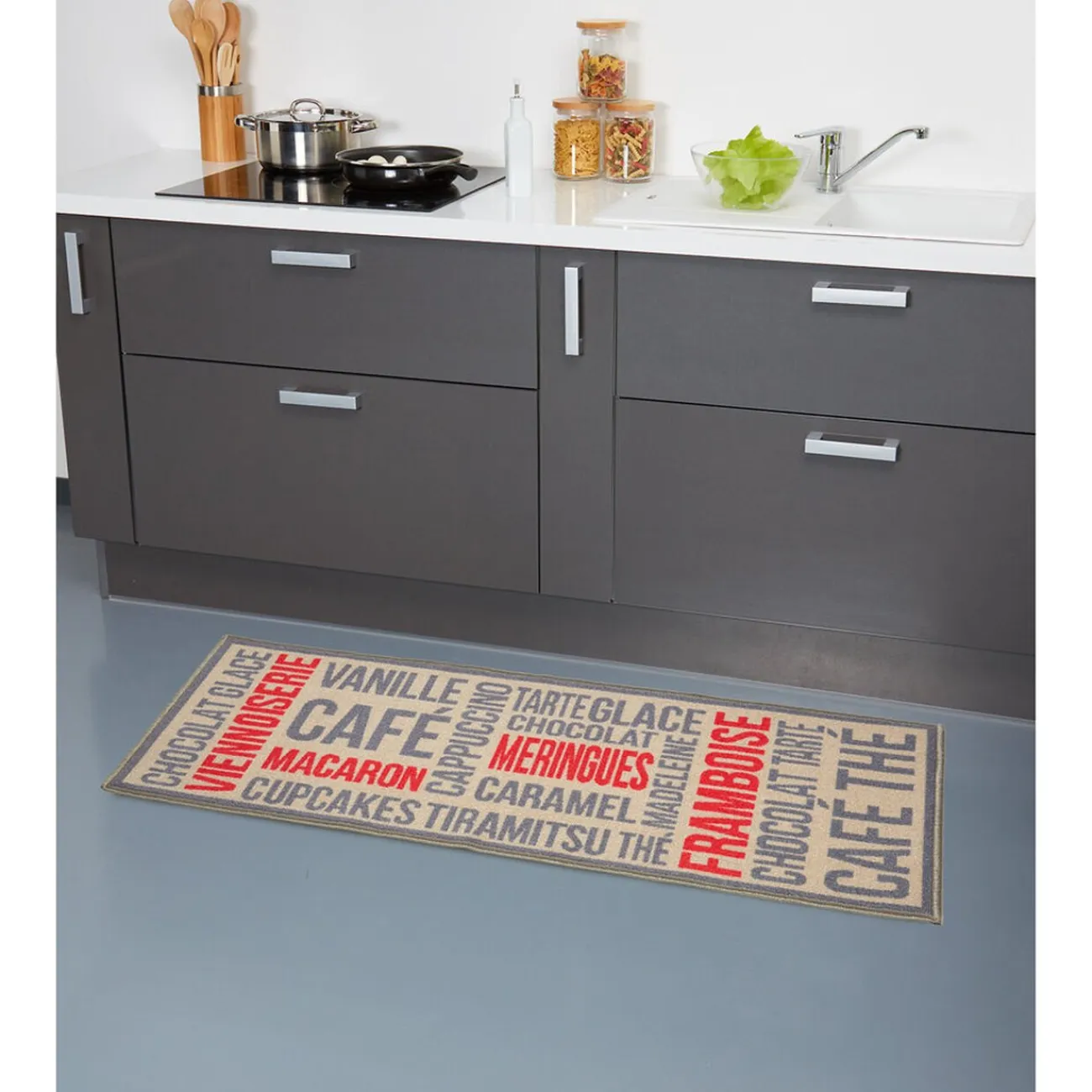 Gifi Nettoyage Et Entretien|Tapis de cuisine gris beige et rouge