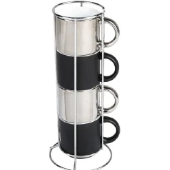 Sale Gifi 4 tasses en céramique noir et argent avec support metallique h30