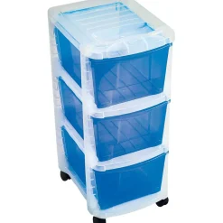 Gifi Rangement|Tour de rangement sur roulettes 3 tiroirs blanc transparent et bleu